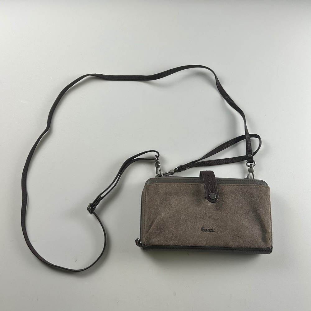 The Sak Iris Crossbody Wallet Suede Pebbled Leather Taupe Brown Bag Card Holder